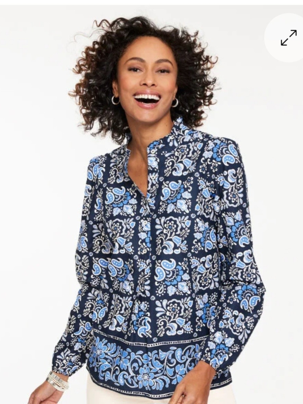 NWT Blue Long-Sleeve Blouse Talbots -Ruffle Popover - Jacobean Border